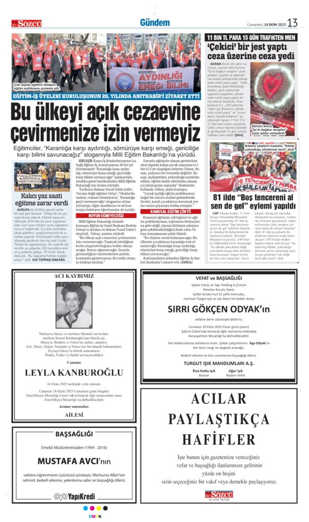 SÖZCÜ GAZETESİ – 18 EKİM 2025 VEFAT İLANLARI